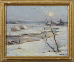MYSLIVE Frank Richard 1908-1986,Moonlit Snow-Covered Farm Scene,St. Charles US 2012-03-03