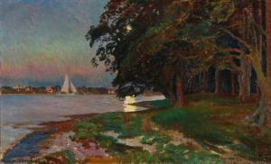 NøRRETRANDERS Johannes 1871-1957,The sun setting over a sailboat near the coas,1922,Bruun Rasmussen 2018-04-16