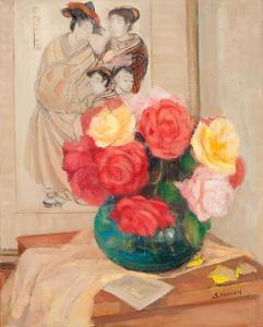 NAARDEN ISAAC 1902-1982,Still life with roses in a vase andJapanese print,Glerum NL 2011-05-30