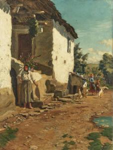 NADLER Robert 1858-1938,Farmwoman, children and chickens in front of the f,Neumeister DE 2022-09-28