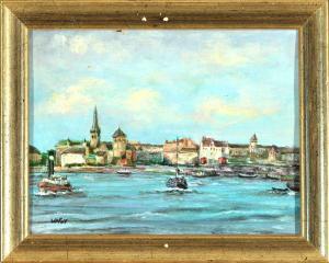 NAGY 1900-1900,Stadtansicht am Fluss mit Booten und Schiffen,Allgauer DE 2016-01-15