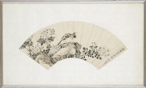 NAIQI ZHANG,in shape of a fan, garden scene with prunus and a ,Stockholms Auktionsverket 2016-12-07