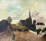 NAIVE SCHOOL,Two figures and a dog before a church and a manor ,19th century,David Lay GB 2023-01-12