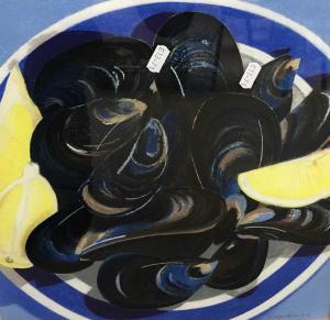 NAPIORKOWSKA Danka 1946,Still Life: mussels and sliced lemon on a blue platter,Keys GB 2023-11-10