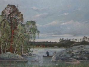NAUMAN Ivar 1851-1906,River Landscape with Figures in a Boat,1887,Keys GB 2009-08-07
