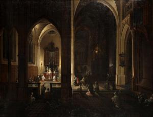 NEEFFS Pieter 1578-1661,A church interior with a nightly mass,Zeeuws NL 2020-11-17