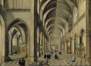 NEEFS Pieter II 1620-1675,The interior of a Gothic Cathedral with elegant co,Christie's 2001-07-13