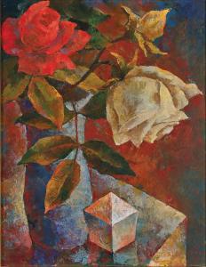 NEPO Ernst,Rote und weiße Rosen und gelbe Knospe,blaue vase,1958,Palais Dorotheum 2023-12-21