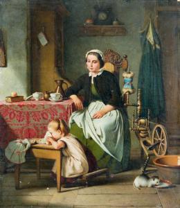 NERENZ Wilhelm 1804-1871,Junge Mutter und kleines Mädchen an Katzentisch Mi,Leo Spik DE 2015-10-08