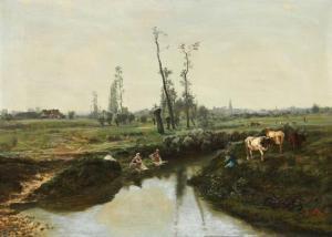 NETTER Benjamin 1811-1881,Washerwomen, a herdsman and cattle at a stream,Bruun Rasmussen 2021-09-06