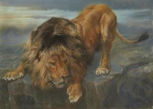 NETTLESHIP John Trivett 1841-1902,Study of a lion on a rocky ledge,1892,Rosebery's GB 2019-08-17