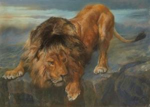 NETTLESHIP John Trivett 1841-1902,Study of a lion on a rocky ledge,1892,Rosebery's GB 2019-07-17