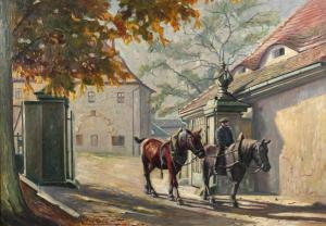 NEUGEBAUER Hans 1892-1971,Am Gutstor reitender Stallknecht mit zwei Pferden,1930,Mehlis 2016-11-17