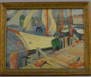 NEUHAUSER SCHAFER MARGUERITE PHILLIPS 1888-1976,Sailboat at Dock,Skinner US 2017-11-17