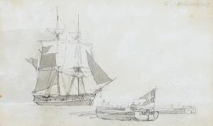 NEUMANN Carl Johan 1833-1891,Scenery with sailship and row-boat,Bruun Rasmussen DK 2023-10-23