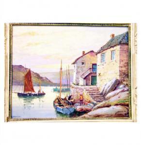 NEWLYN G,Coastal scene with figures in boats and two stone ,1950,Jim Railton GB 2009-07-17