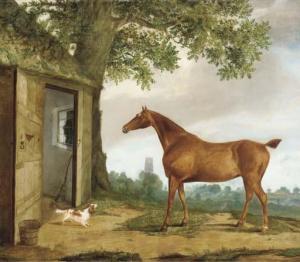 NEWMARSH G.B 1828-1849,A chestnut hunter and spaniel before a stable, a c,Christie's GB 2003-06-12