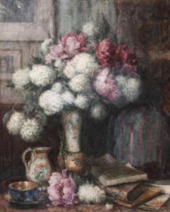 Neylies Jean 1869-1938,Still Life with Peonies, Books and a Cup of Coffee,Artmark RO 2023-06-19