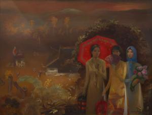 NGUYEN PHUOC 1943,Untitled (Three Beauties at a Temple),2000,Clars Auction Gallery US 2019-06-16