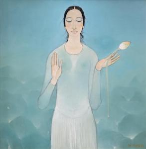NGUYEN VAN TRUNG 1937,Girl Holding Lotus Flower,1991,Leon Gallery PH 2024-03-09