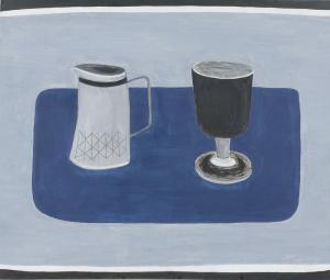 NICHOLSON Rachel 1934,Black Glass and Grey Jug on Blue,1979,Denhams GB 2023-10-04