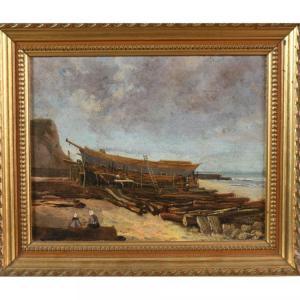 NICOLLE Émile Frédéric,La réparation du bateau sur la plage de Saint-Valé,1861,Herbette 2021-11-07