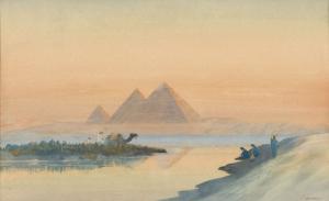 NICOLLERAT 1800-1900,Nilpartie mit den Pyramiden von Gizeh im Abendlicht,Dobiaschofsky CH 2011-05-11