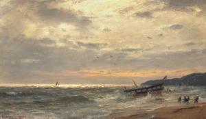 NIELSEN Amaldus Clarin 1838-1932,Coastal view with a wrecked ship being pulled,1888,Bruun Rasmussen 2022-01-17