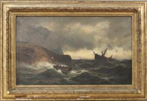 NIELSEN Johan 1835-1912,Naufrage en pleine tempête, chaloupe à la mer,1876,Ruellan FR 2016-07-20