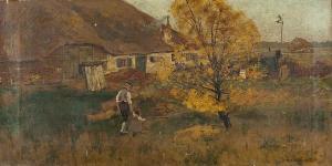 NIKUTOWSKI Erich 1872-1921,Bauernhütte und blühende Bäume Auf dem Weg Vater u,Leo Spik DE 2021-06-24