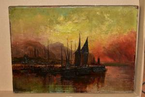 NISBET Herkis Hume 1849-1923,a sunset maritime harbour scene, boats to the f,1894,Richard Winterton 2021-11-01
