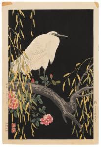 NISHIMURA Hodo 1930,Crane on a willow branch with roses,Eldred's US 2019-05-02