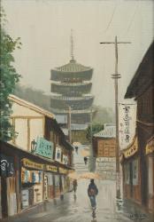 NOBUO Hayashi 1925,Japanese Rainy Day Street Scene with Temple in the,Burchard US 2022-08-13
