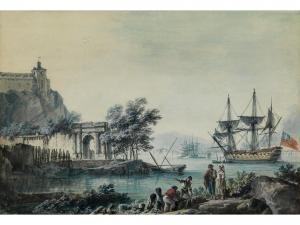 NOEL Alexandre Jean 1752-1834,EINGANG ZU EINEM HAFEN UND EINER ZITADELLE,Hampel DE 2023-09-28