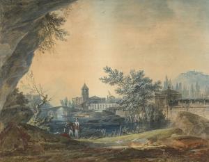 NOEL Alexandre Jean 1752-1834,Paysage fluvial animé de pers,Artcurial | Briest - Poulain - F. Tajan 2023-09-26