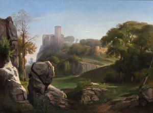 NOEL Gustave 1823-1881,Romantische Flusslandschaft mit malerischer Burgbe,1860,Zeller DE 2021-06-23