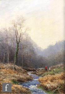 NOEL John Bates 1870-1927,A wooded landscape with figures beside a ri,Fieldings Auctioneers Limited 2023-02-16