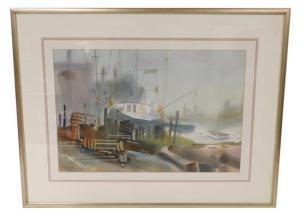 NOREIKA Robert,New England harbor scene with boats at pier on fog,20th,Winter Associates 2017-08-28