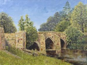 NORRIS J.A,stone bridge over river with trees,1977,Rogers Jones & Co GB 2017-06-02