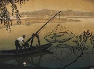 NOSKE Hugo 1886-1960,Fischer im Boot einsamer Fischer auf einem stillen,Mehlis DE 2020-05-28
