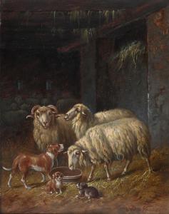 NOWEY Adolf 1835,SHEEP AND DOGS IN A BARN; SHEEP WATERING WITH DUCK,Dreweatts GB 2022-08-26