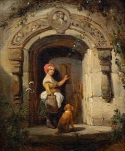 NUYEN Wijnand Jan Joseph,A girl and her dog waiting in front of the door,1837,Venduehuis 2023-05-24
