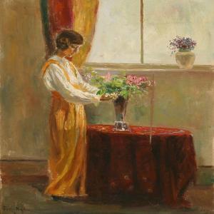 NYBO Poul Friis,Interior with a woman decorating flowers in a vase,Bruun Rasmussen 2011-06-27