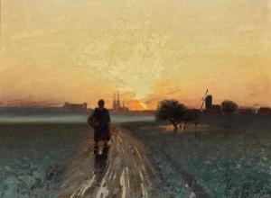 NYSTRÖM Waldemar,Landscape at sunset with an old woman on a road,1891,Bruun Rasmussen 2020-11-02