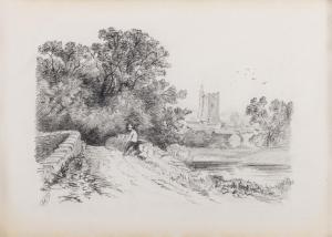 O'MEARA Frank 1853-1888,Man on a Bridge with Castle in the distance,Adams IE 2023-05-31