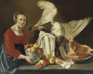 ODEKERCKEN WILLEM 1636-1698,A kitchen maid holding a porcelain bowl with apple,Christie's 2008-11-10