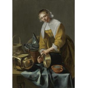 ODEKERCKEN WILLEM 1636-1698,A KITCHEN MAID STANDING BY A TABLE WITH COPPER POT,Sotheby's 2010-06-03