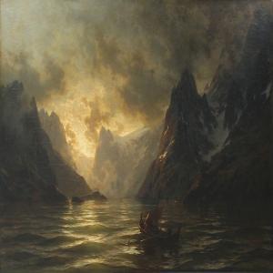 OESTERLEY Carl August H 1839-1930,Norwegian fiord scene with fishermen on the ocean,Bruun Rasmussen 2013-11-25