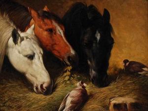 OESTERSCHMIDT Heinrich 1800-1900,Drei Pferde im Stall,Wendl DE 2016-10-20
