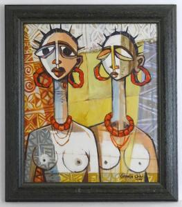 OFFO Gbenga,A portrait of two African nude models wearing bead,2000,Claydon Auctioneers 2021-12-29